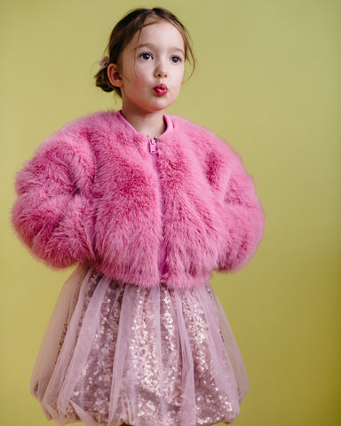 FAUX FUR BOMBER JACKET IN DUSTY PINK