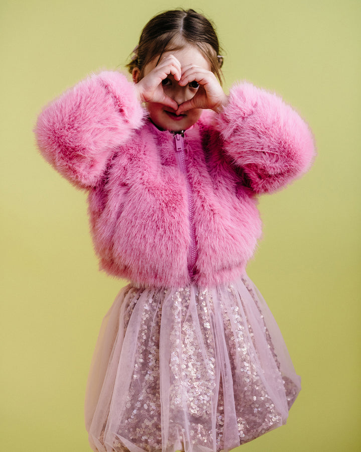 FAUX FUR BOMBER JACKET IN DUSTY PINK