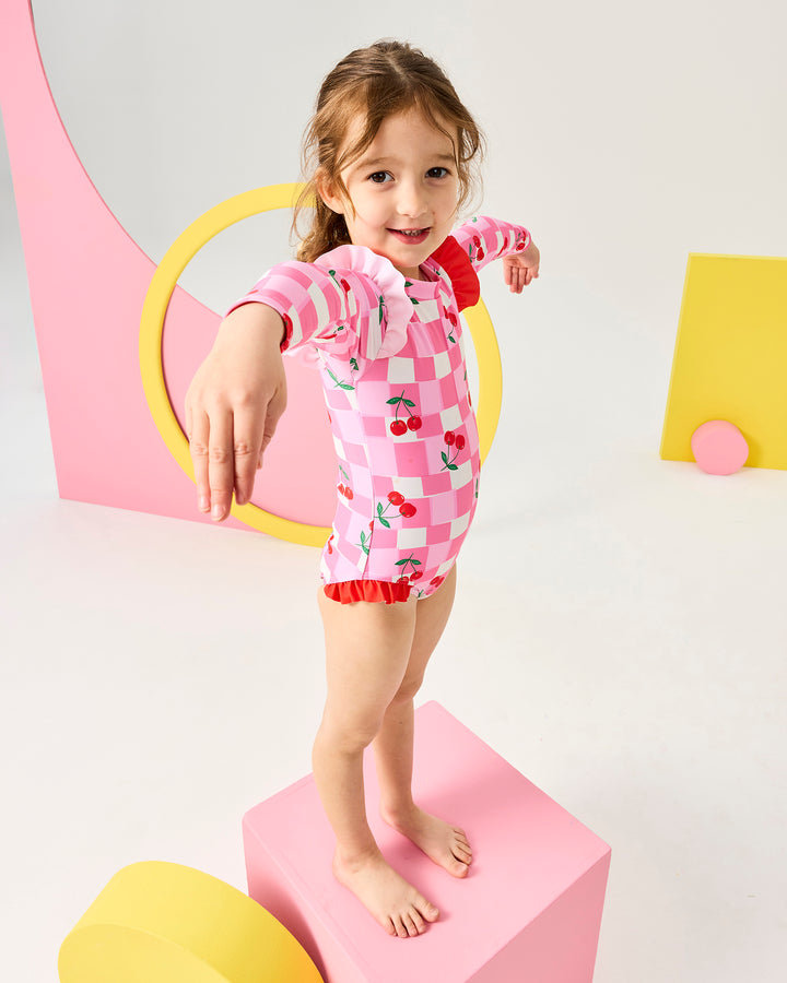 GINGHAM CHERRY LONG SLEEVE PRETTY PADDLE SUIT | Rock Your Baby