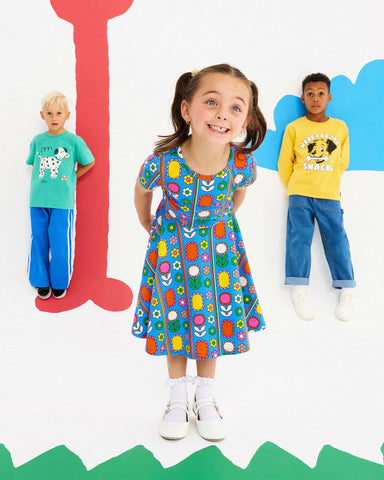 NORDIC FLORAL SHORT SLEEVE WAISTED DRESS