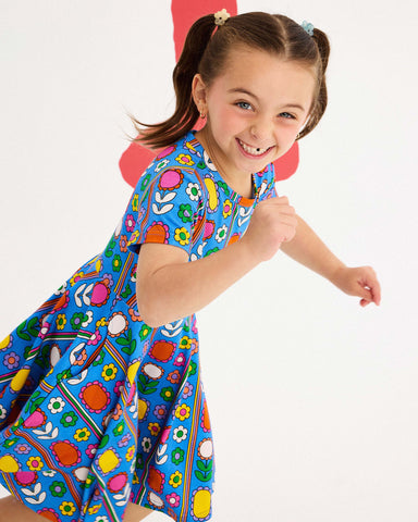 NORDIC FLORAL SHORT SLEEVE WAISTED DRESS