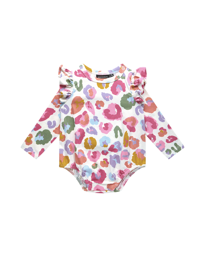 RAINBOW LEOPARD LONG SLEEVE FRILL BUBBLE BODYSUIT