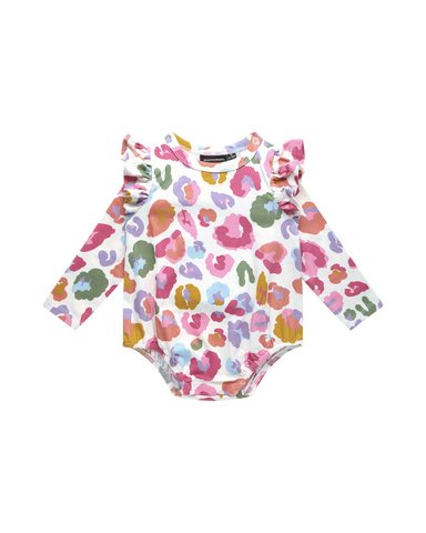 RAINBOW LEOPARD LONG SLEEVE FRILL BUBBLE BODYSUIT