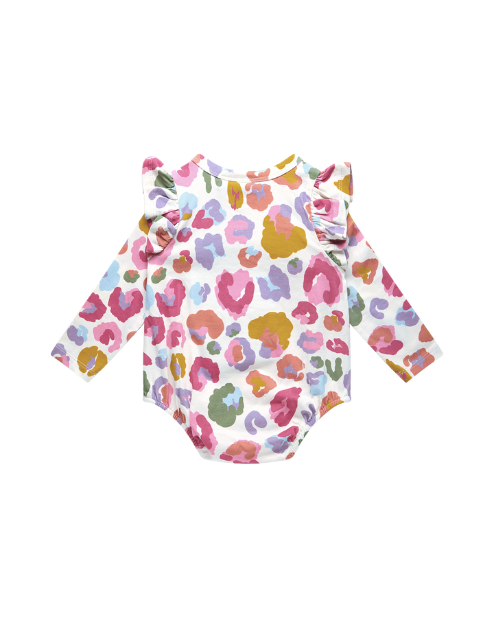 RAINBOW LEOPARD LONG SLEEVE FRILL BUBBLE BODYSUIT