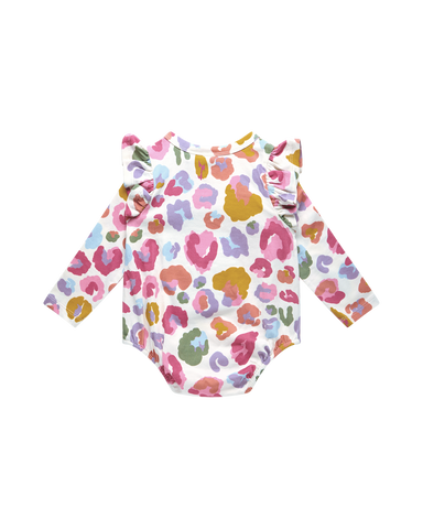 RAINBOW LEOPARD LONG SLEEVE FRILL BUBBLE BODYSUIT