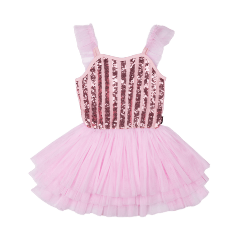 PINK STRIPE SEQUIN TULLE LEOTARD DRESS