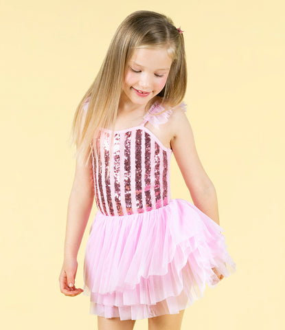 PINK STRIPE SEQUIN TULLE LEOTARD DRESS