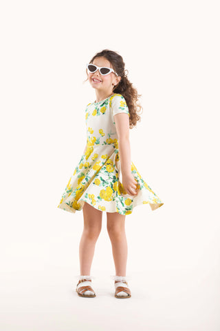 YELLOW ROSES WAISTED DRESS