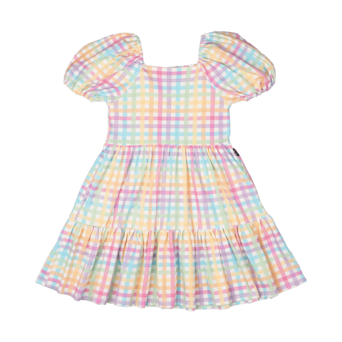 RAINBOW PUFF SLEEVE PLAID DRESS