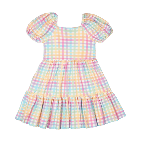 RAINBOW PUFF SLEEVE PLAID DRESS