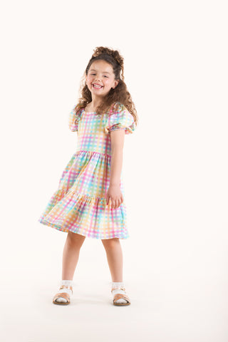 RAINBOW PUFF SLEEVE PLAID DRESS