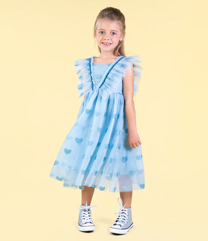 BLUE GLITTER HEART TULLE DRESS