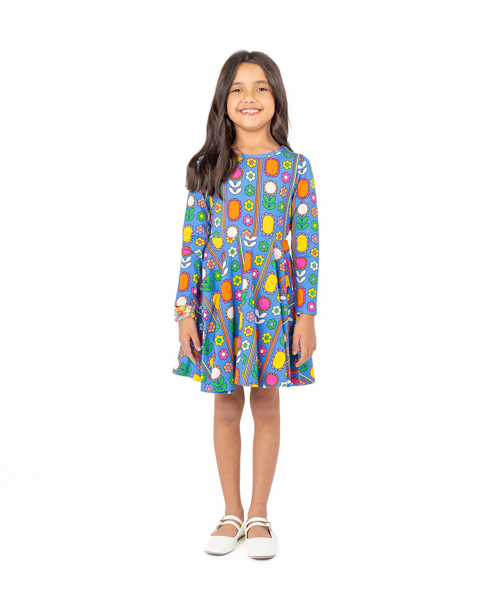 NORDIC FLORAL LONG SLEEVE WAISTED DRESS