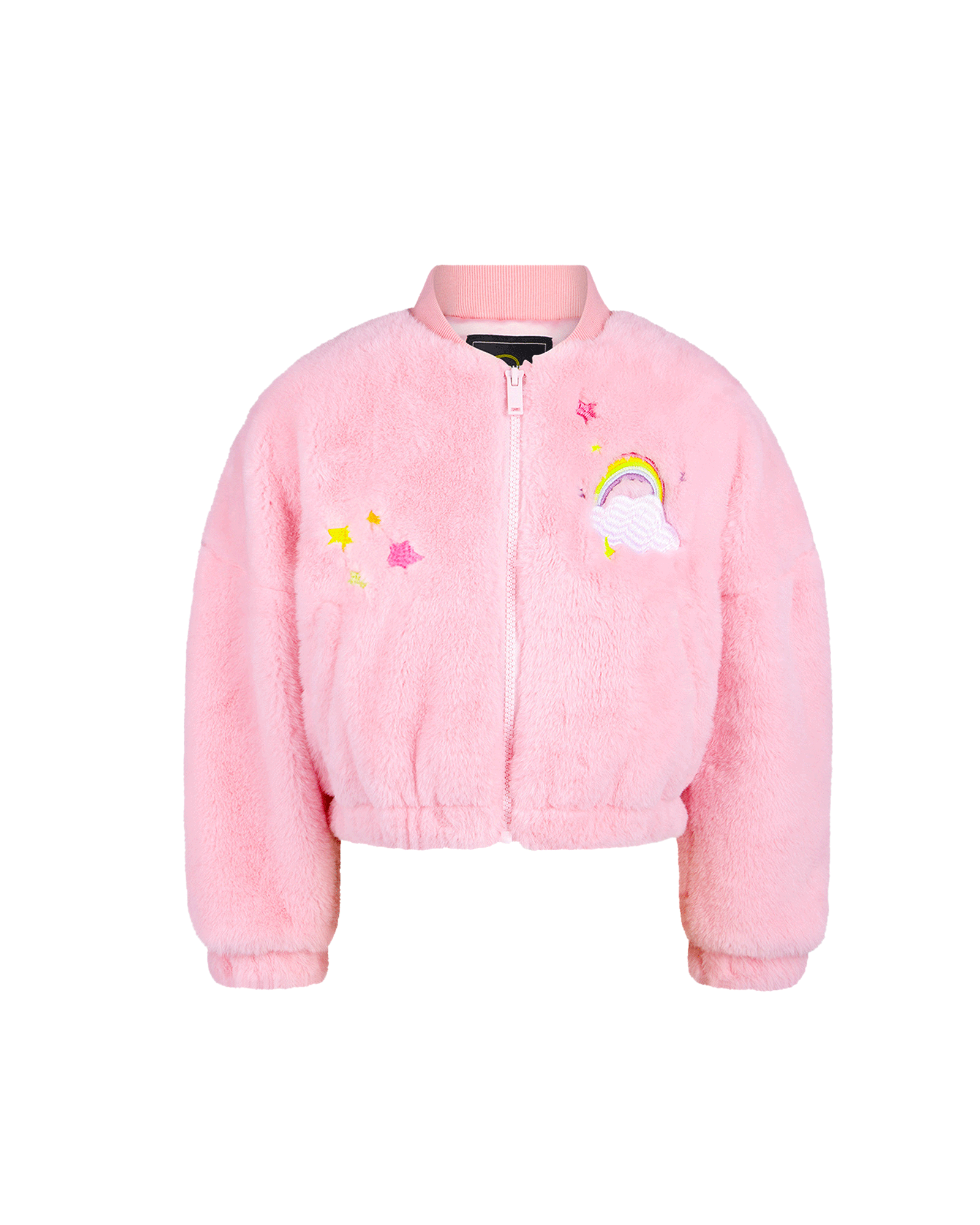FAUX FUR RAINBOW BOMBER JACKET IN PINK