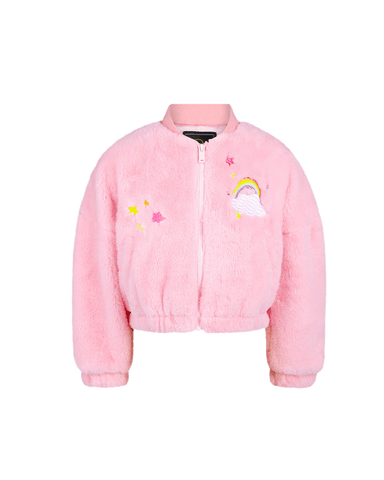 FAUX FUR RAINBOW BOMBER JACKET IN PINK