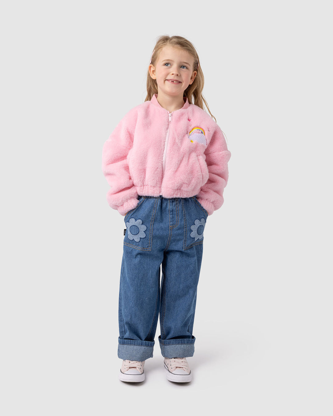 FAUX FUR RAINBOW BOMBER JACKET IN PINK
