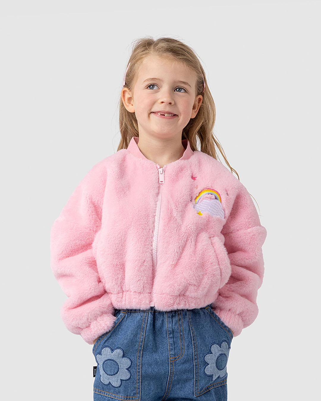 FAUX FUR RAINBOW BOMBER JACKET IN PINK | Rock Your Baby