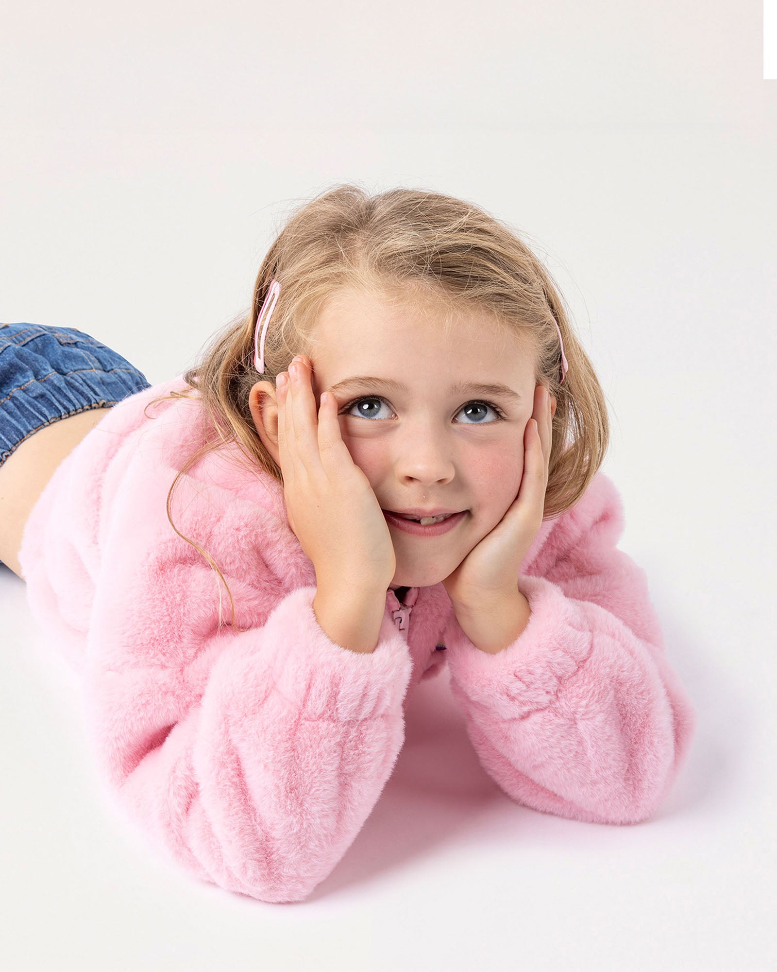 FAUX FUR RAINBOW BOMBER JACKET IN PINK