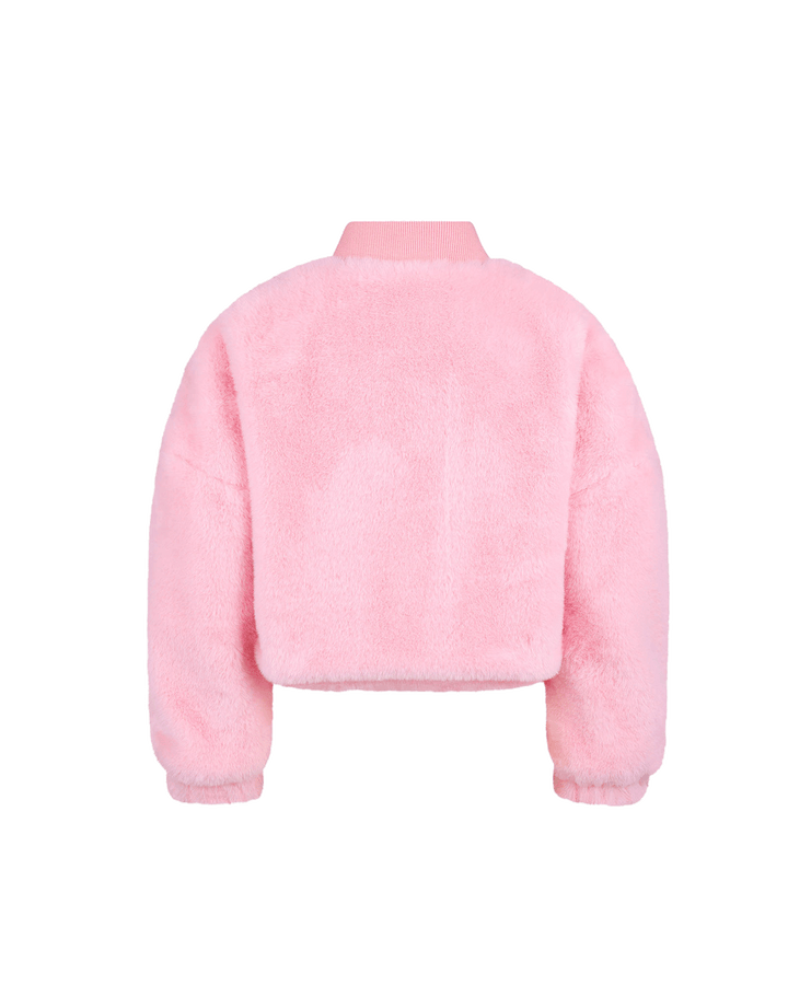 FAUX FUR RAINBOW BOMBER JACKET IN PINK