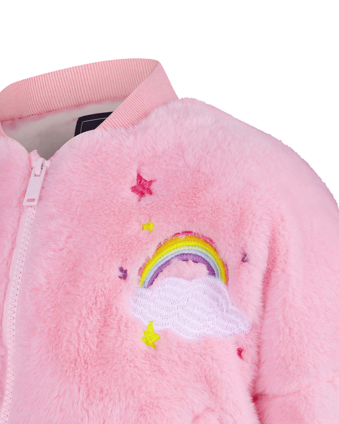 FAUX FUR RAINBOW BOMBER JACKET IN PINK