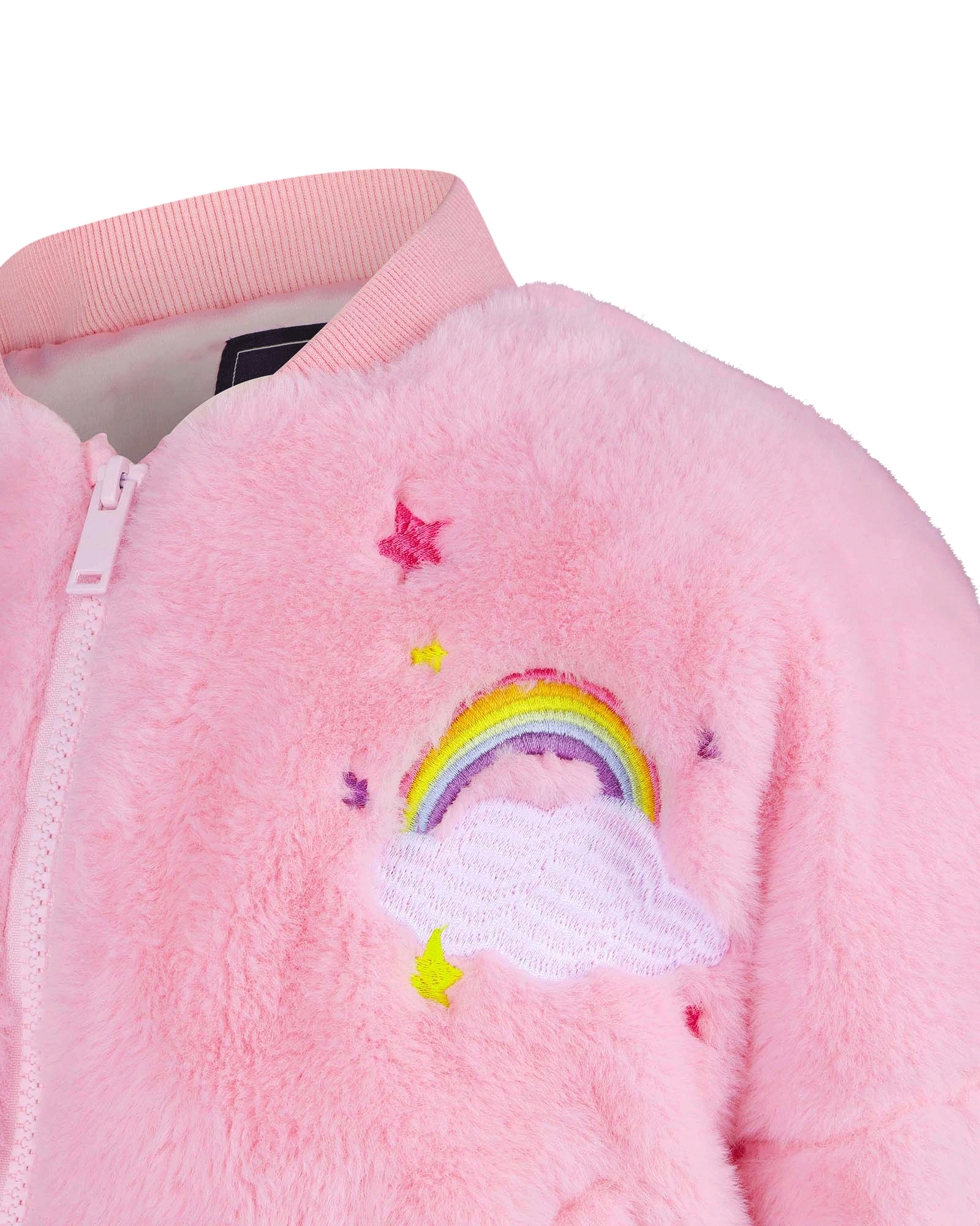 FAUX FUR RAINBOW BOMBER JACKET IN PINK