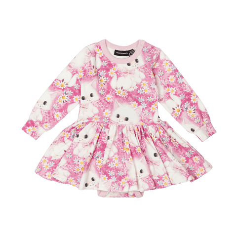 WHITE KITTEN BABY WAISTED DRESS - Baby Dresses - Girls