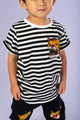 A young boy wearing a Rock your Baby Online STRIPEY TIGER T-SHIRT.