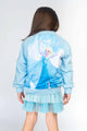 the back of a girl wearing a blue jacket with Elsa from Rock your Baby Online on it.