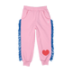 Girls pink track pants with bottom red heart print and blue fringe trim