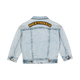 a PALE BLUE DENIM JACKET from Rock your Baby Online with the words 'rock your kid' embroidered on it.